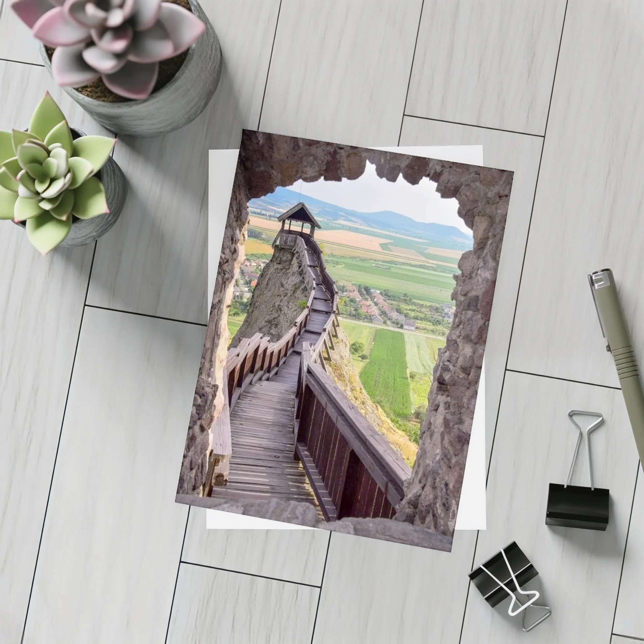 Medieval Castle Wooden Stairs Valley View – Postcards