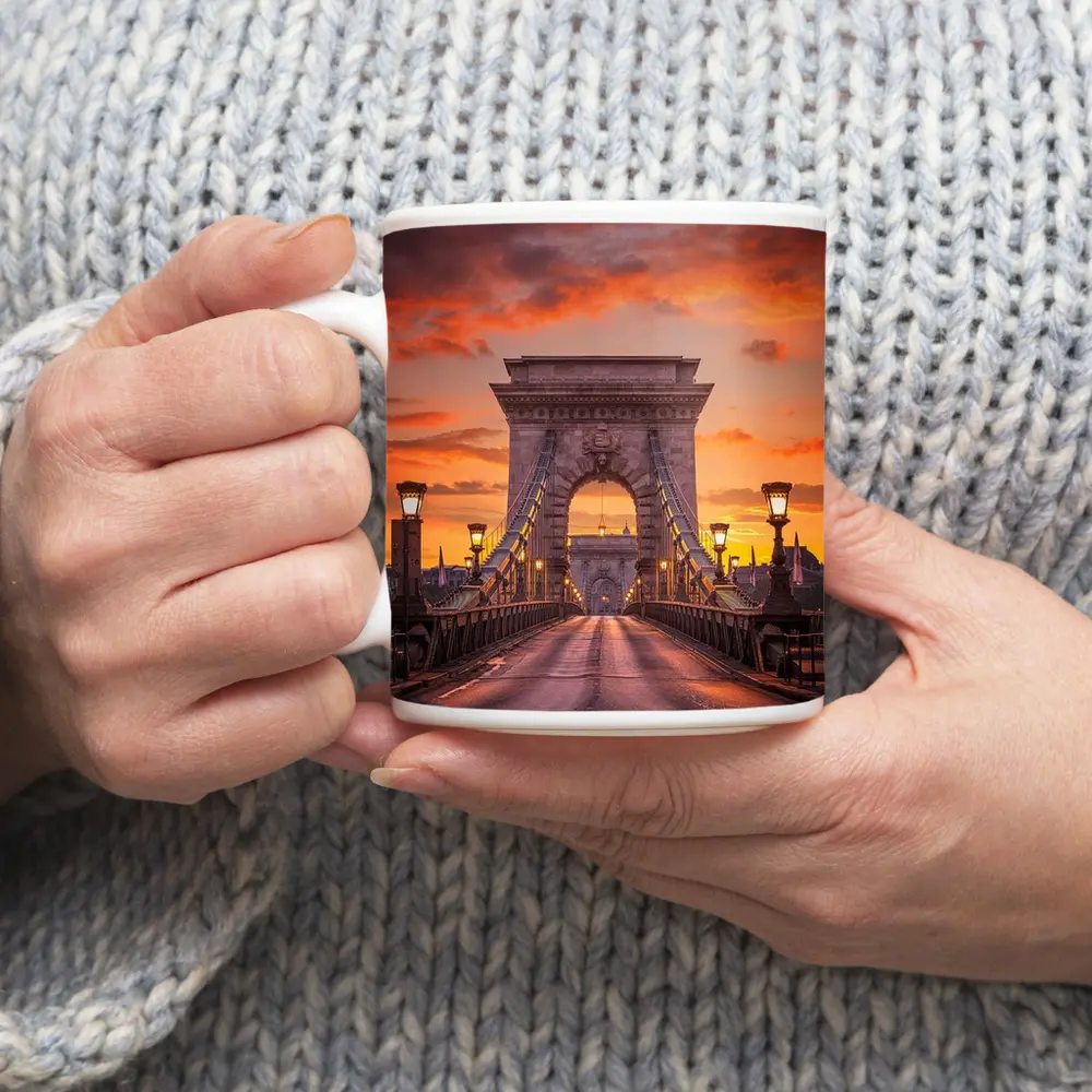 Chain Bridge Budapest Fiery Sunset Sky – Mugs