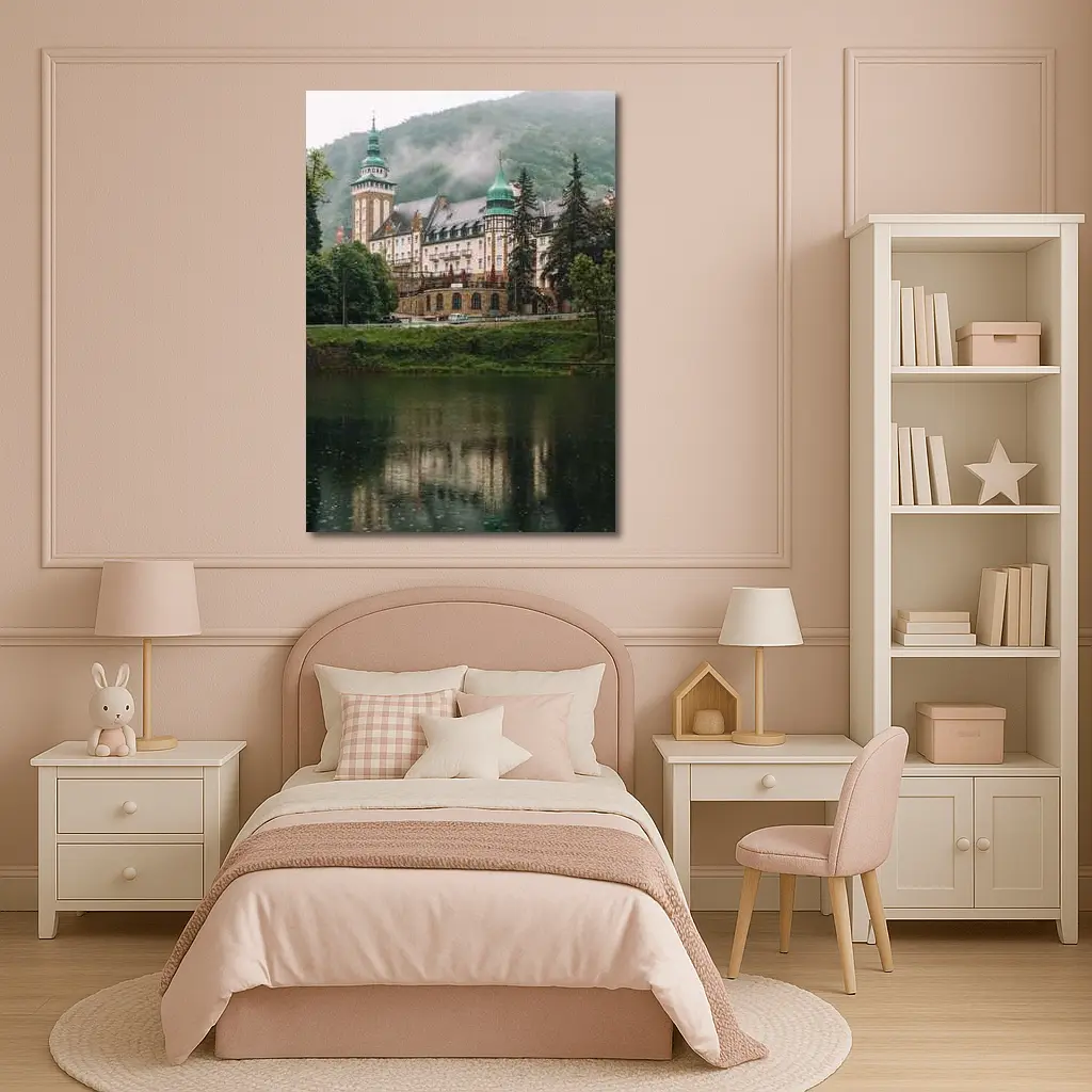 Historic Castle Reflecting On Misty Lake – Wall Art