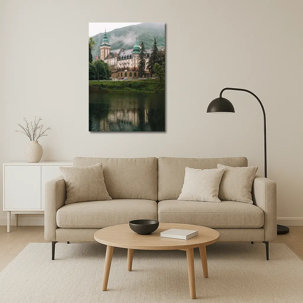 Historic Castle Reflecting On Misty Lake – Wall Art