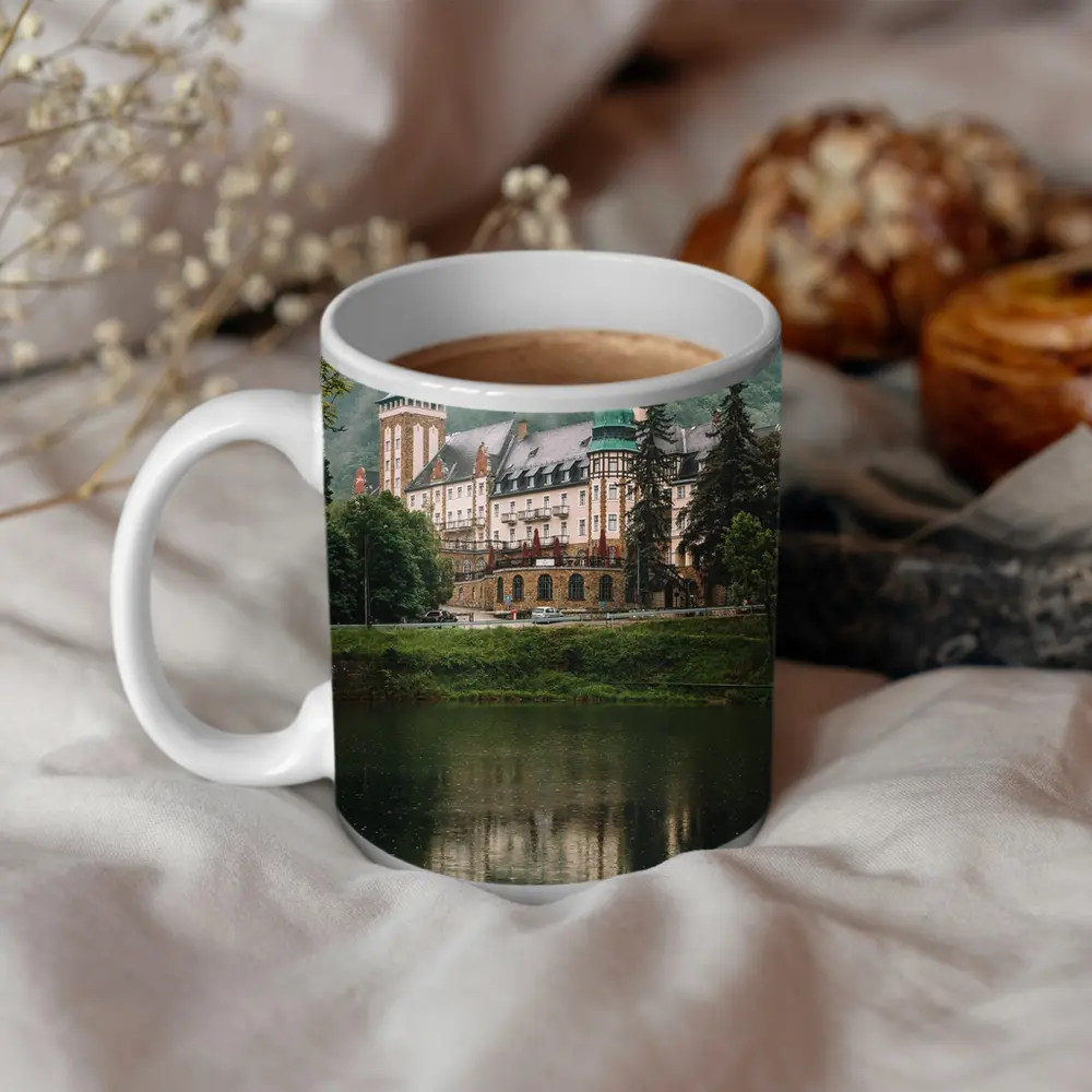 Historic Castle Reflecting On Misty Lake – Mugs