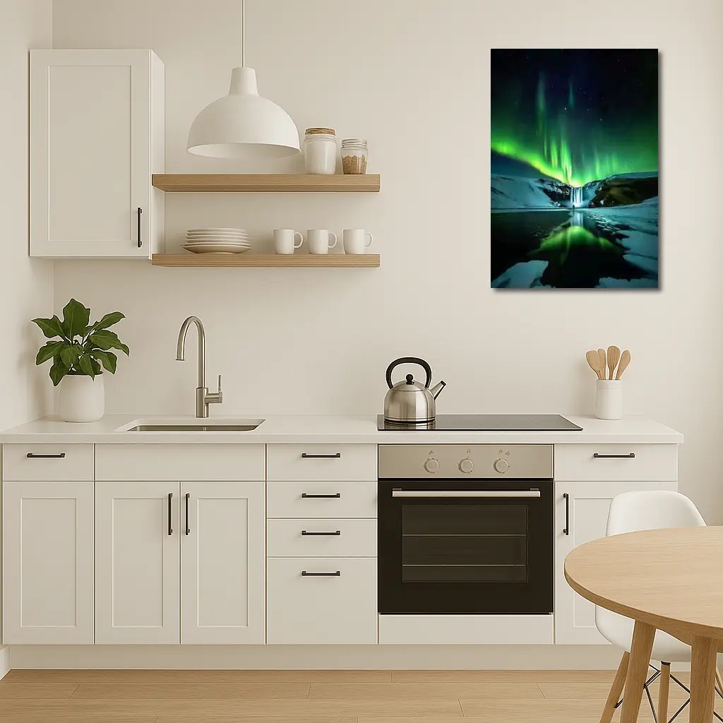 Northern Lights Over Snowy Waterfall Iceland – Wall Art