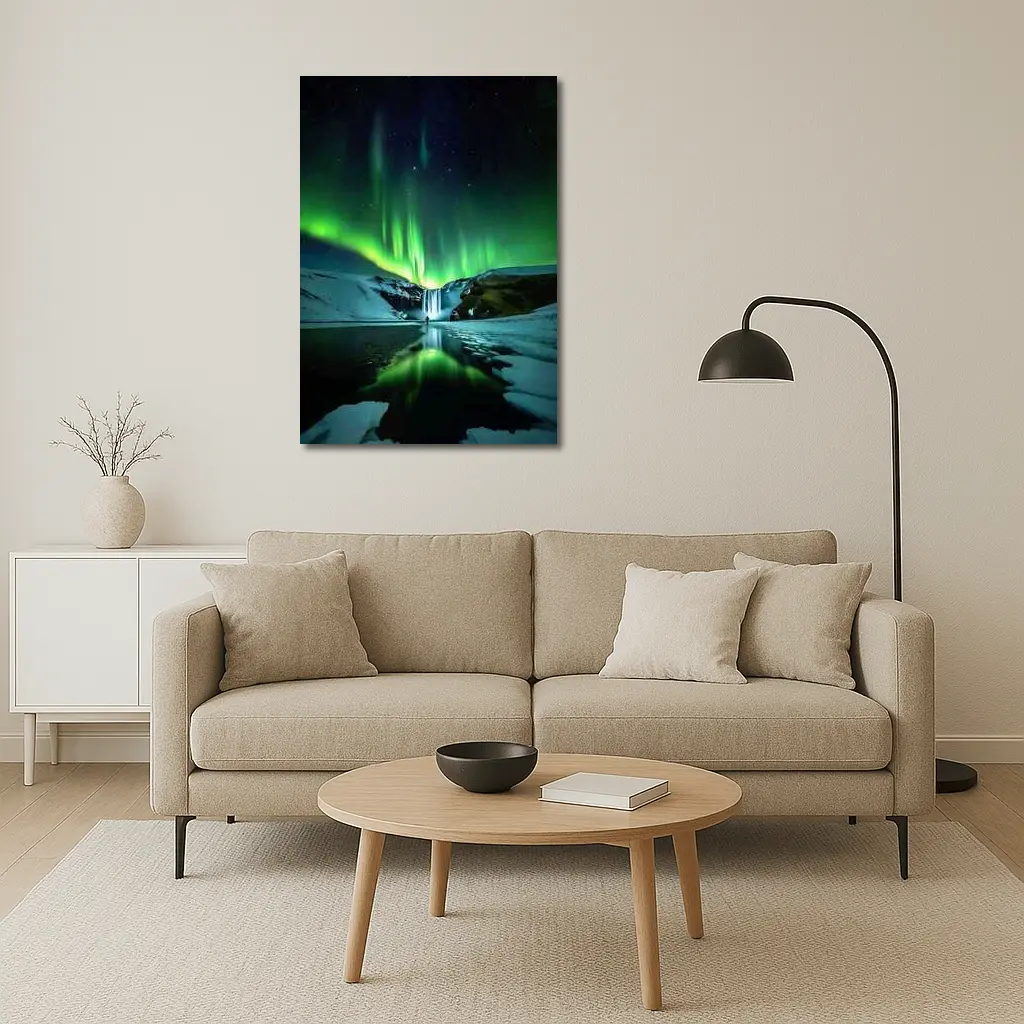 Northern Lights Over Snowy Waterfall Iceland – Wall Art