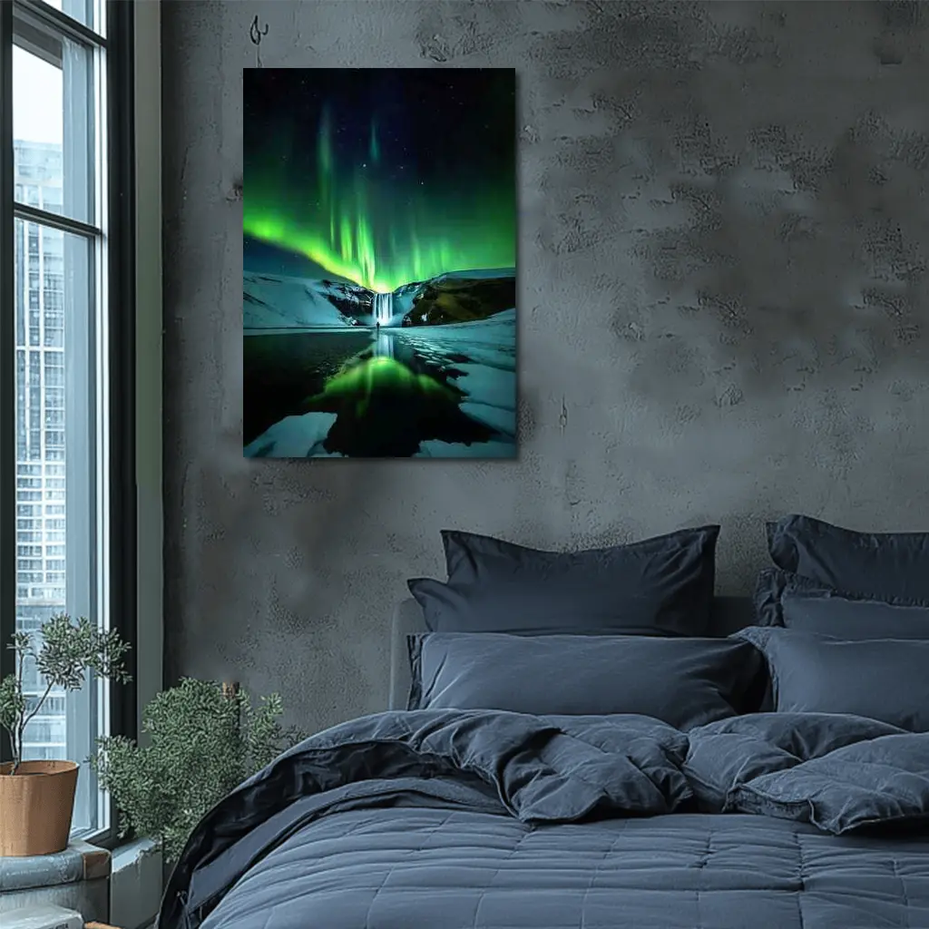Northern Lights Over Snowy Waterfall Iceland – Wall Art