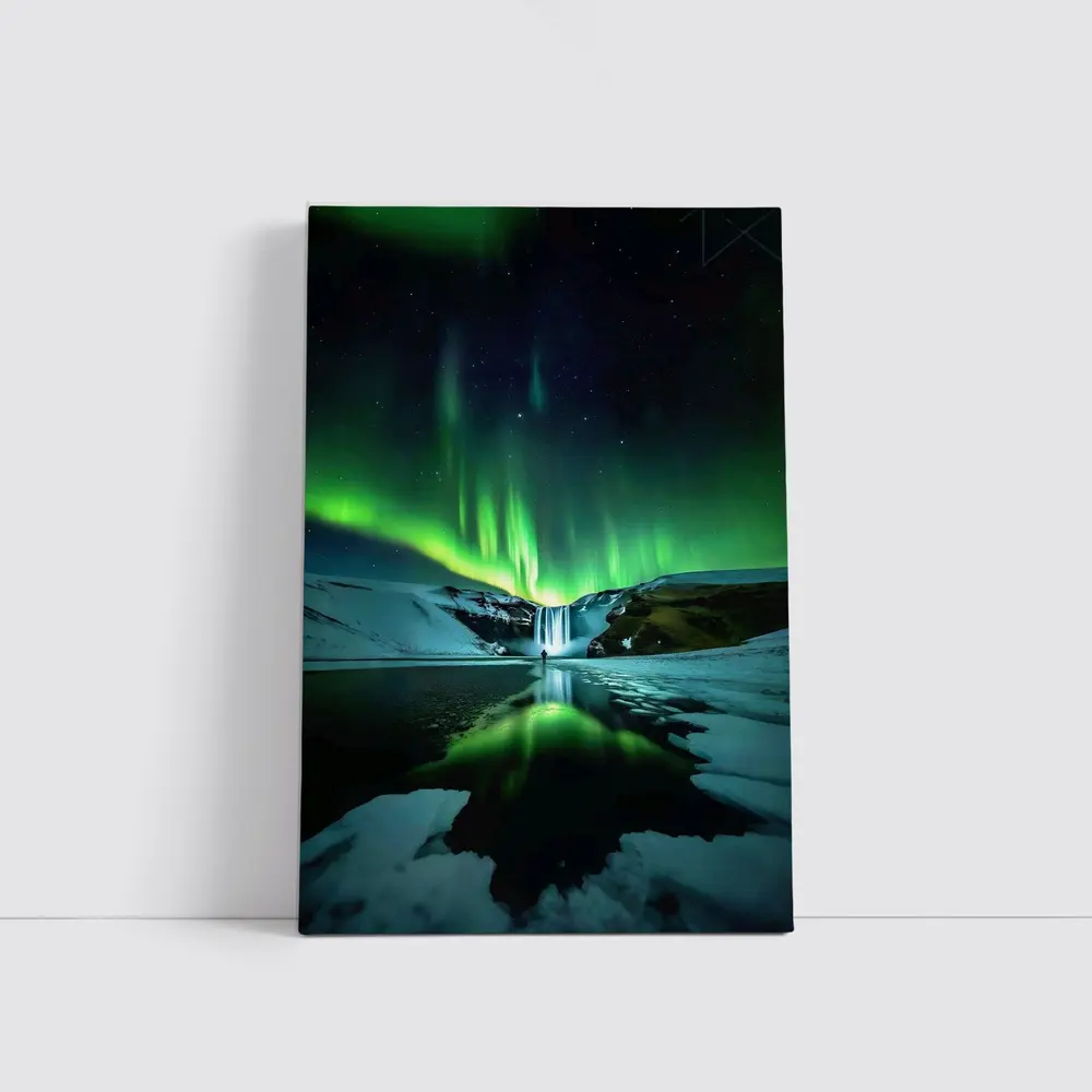 Northern Lights Over Snowy Waterfall Iceland – Wall Art