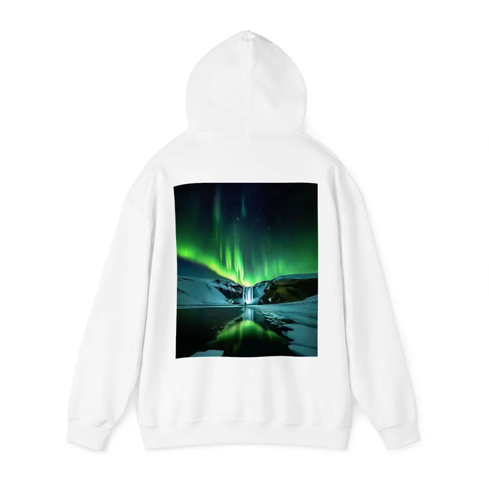 Northern Lights Over Snowy Waterfall Iceland – Hoodies