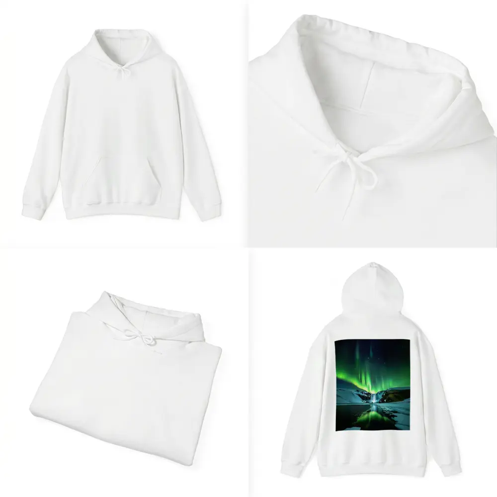 Northern Lights Over Snowy Waterfall Iceland – Hoodies