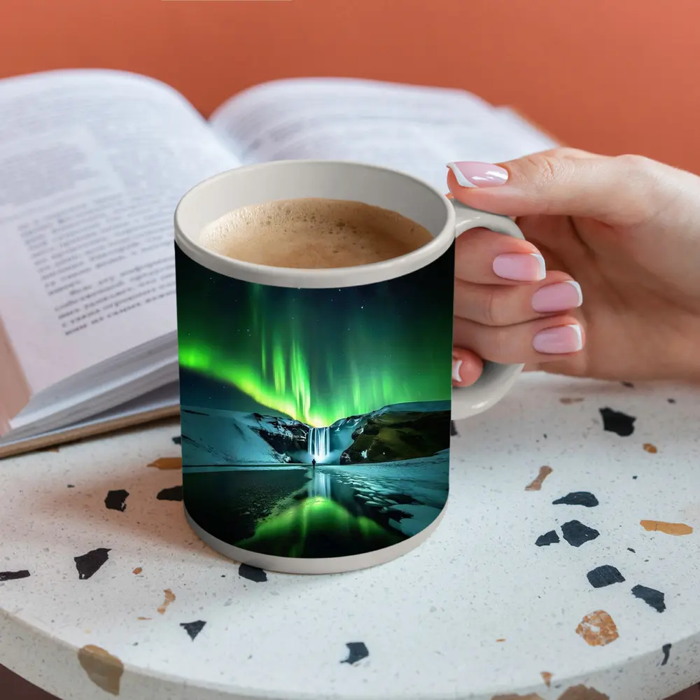 Northern Lights Over Snowy Waterfall Iceland – Mugs