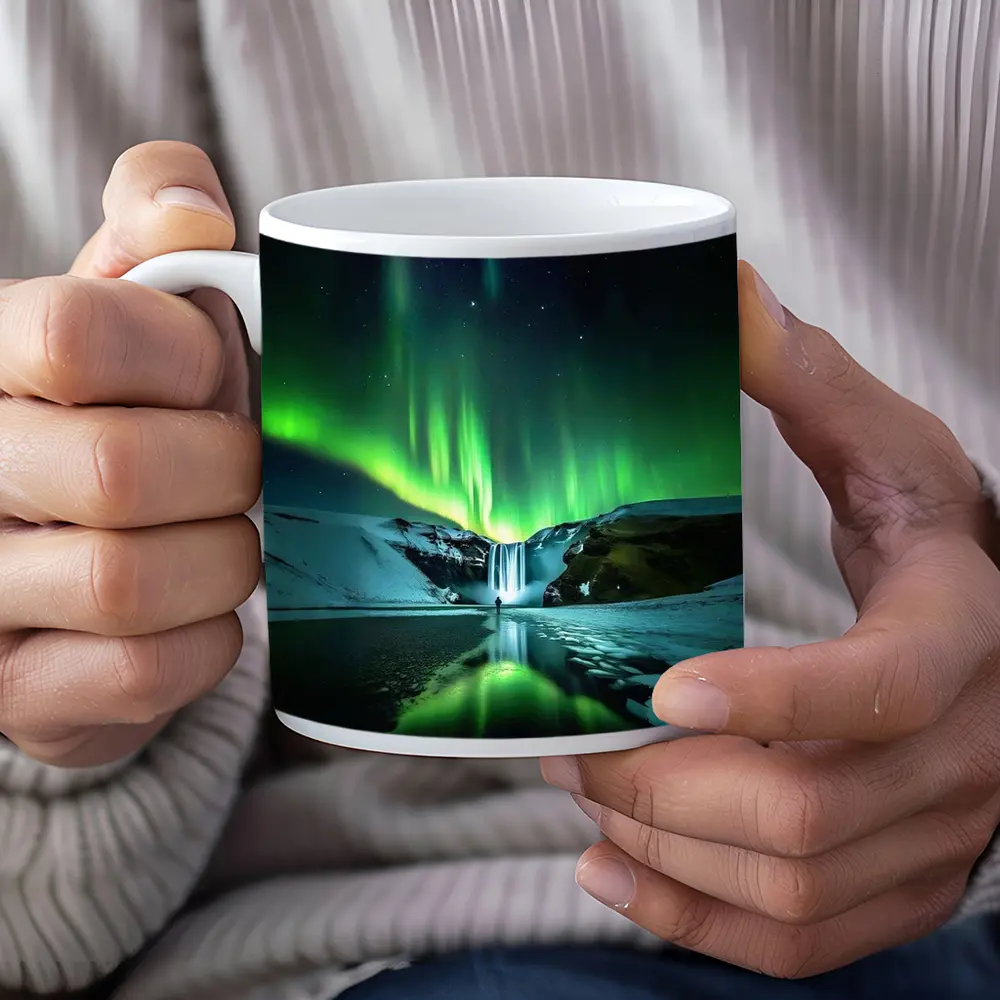 Northern Lights Over Snowy Waterfall Iceland – Mugs