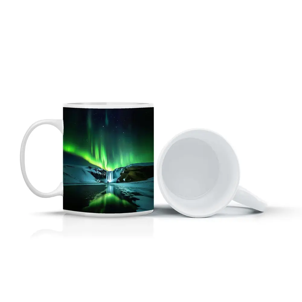 Northern Lights Over Snowy Waterfall Iceland – Mugs