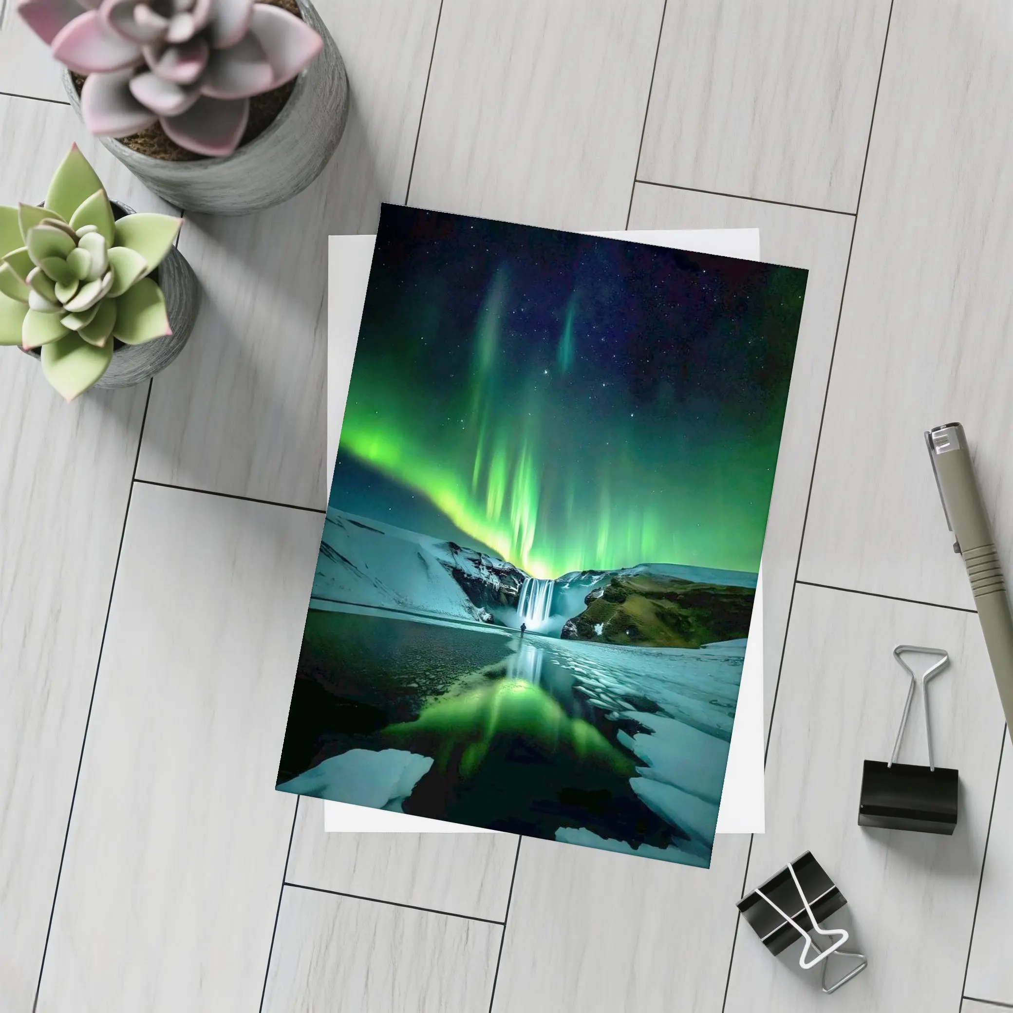 Northern Lights Over Snowy Waterfall Iceland – Postcards