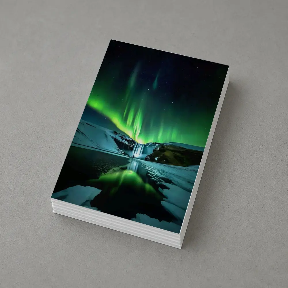 Northern Lights Over Snowy Waterfall Iceland – Postcards
