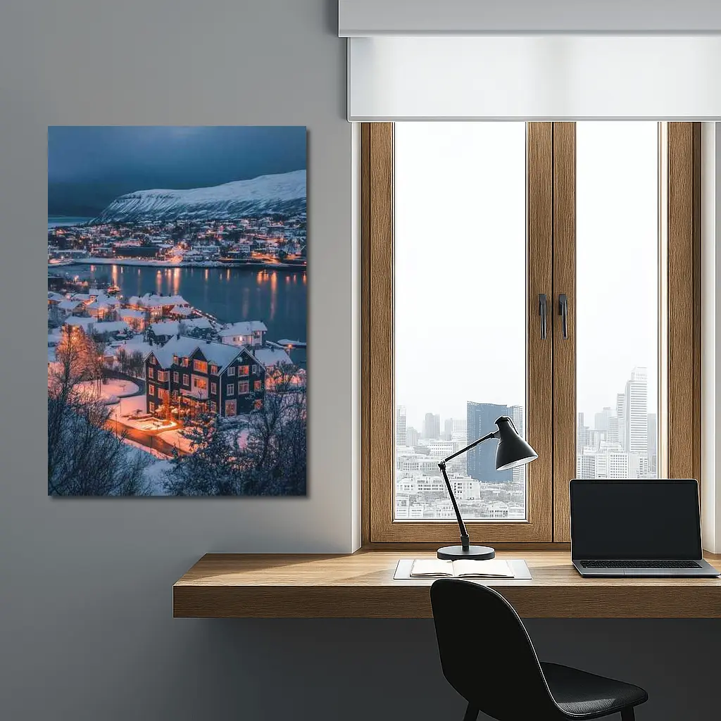 Snowy Nordic Town Winter Evening Lights – Wall Art