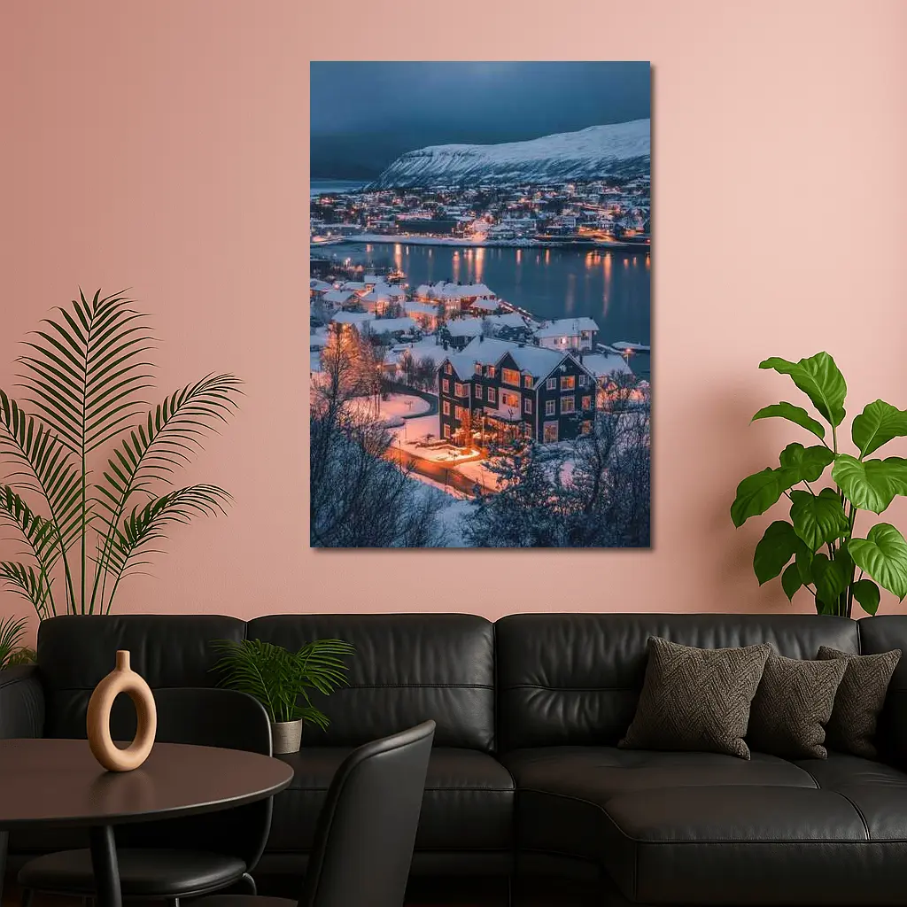 Snowy Nordic Town Winter Evening Lights – Wall Art