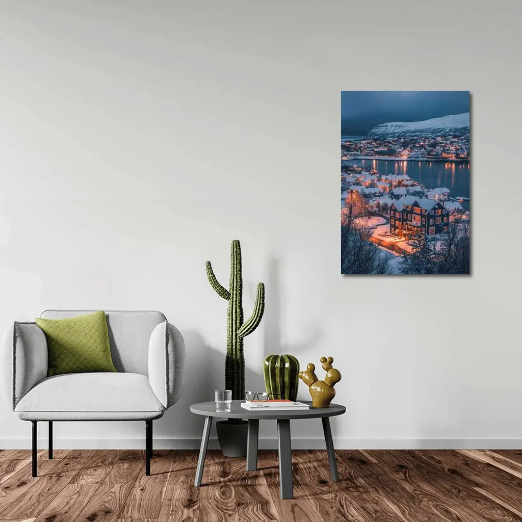 Snowy Nordic Town Winter Evening Lights – Wall Art