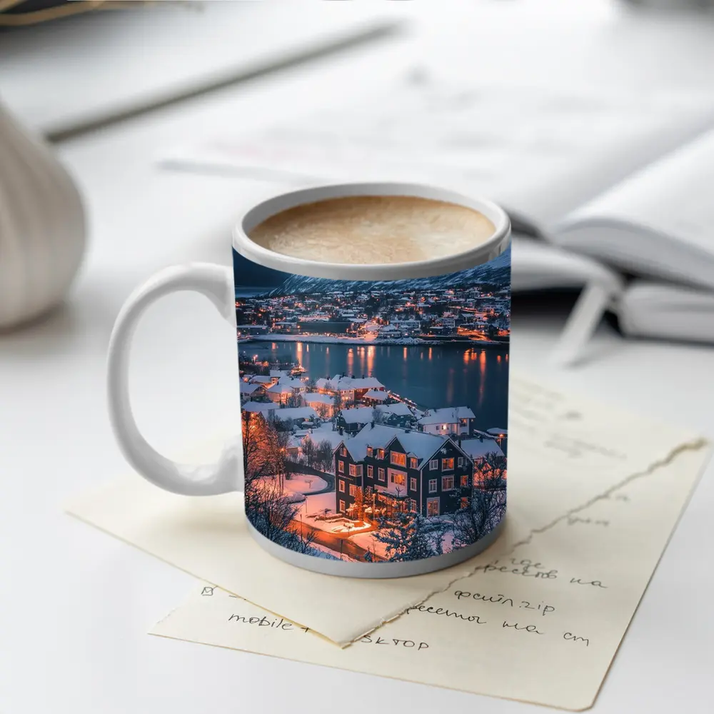 Snowy Nordic Town Winter Evening Lights – Mugs