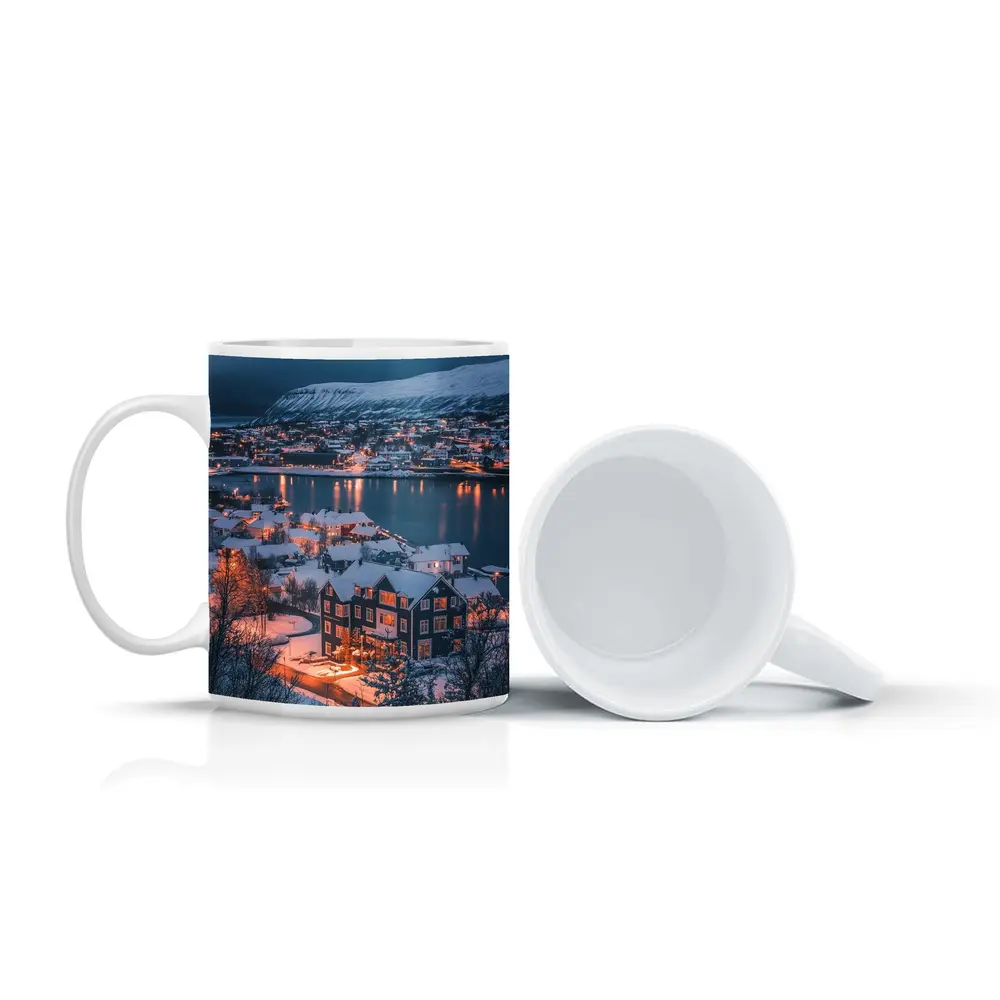 Snowy Nordic Town Winter Evening Lights – Mugs