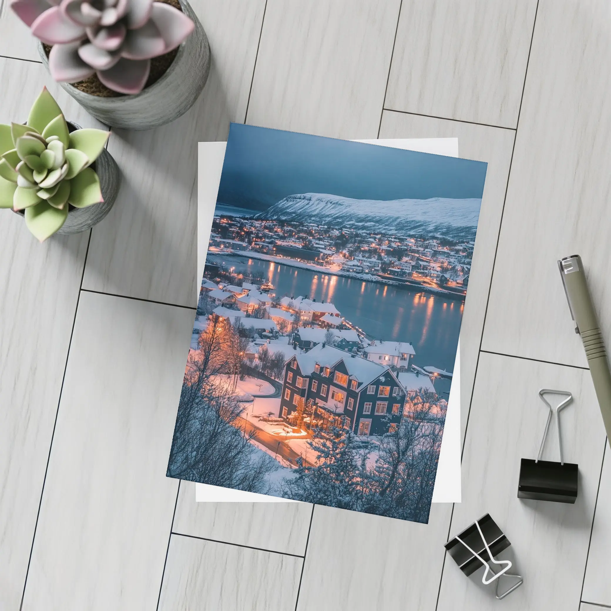 Snowy Nordic Town Winter Evening Lights – Postcards