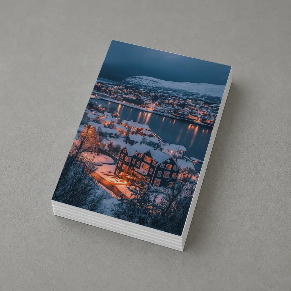Snowy Nordic Town Winter Evening Lights – Postcards