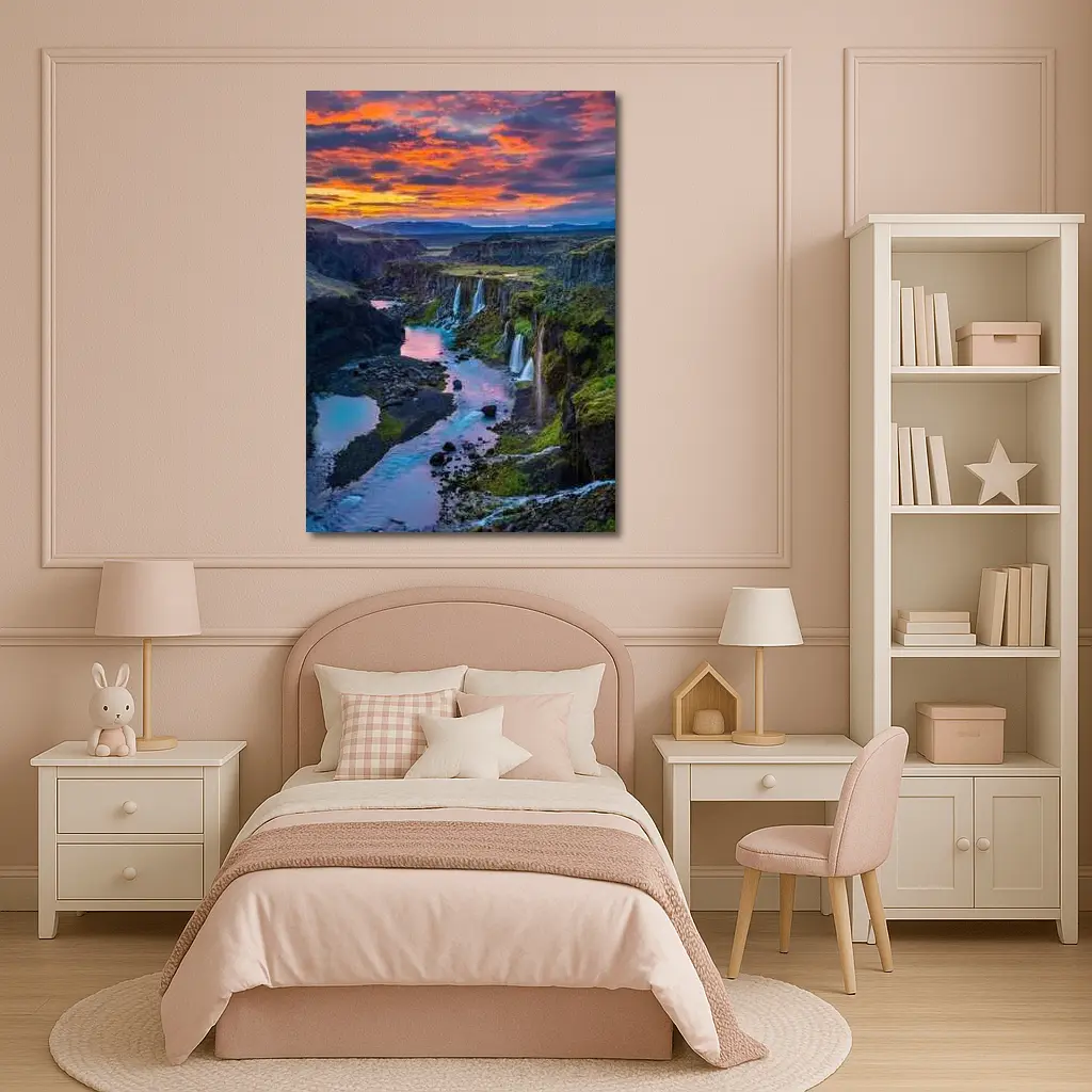 Iceland Canyon Waterfalls Fiery Sunset Sky – Wall Art