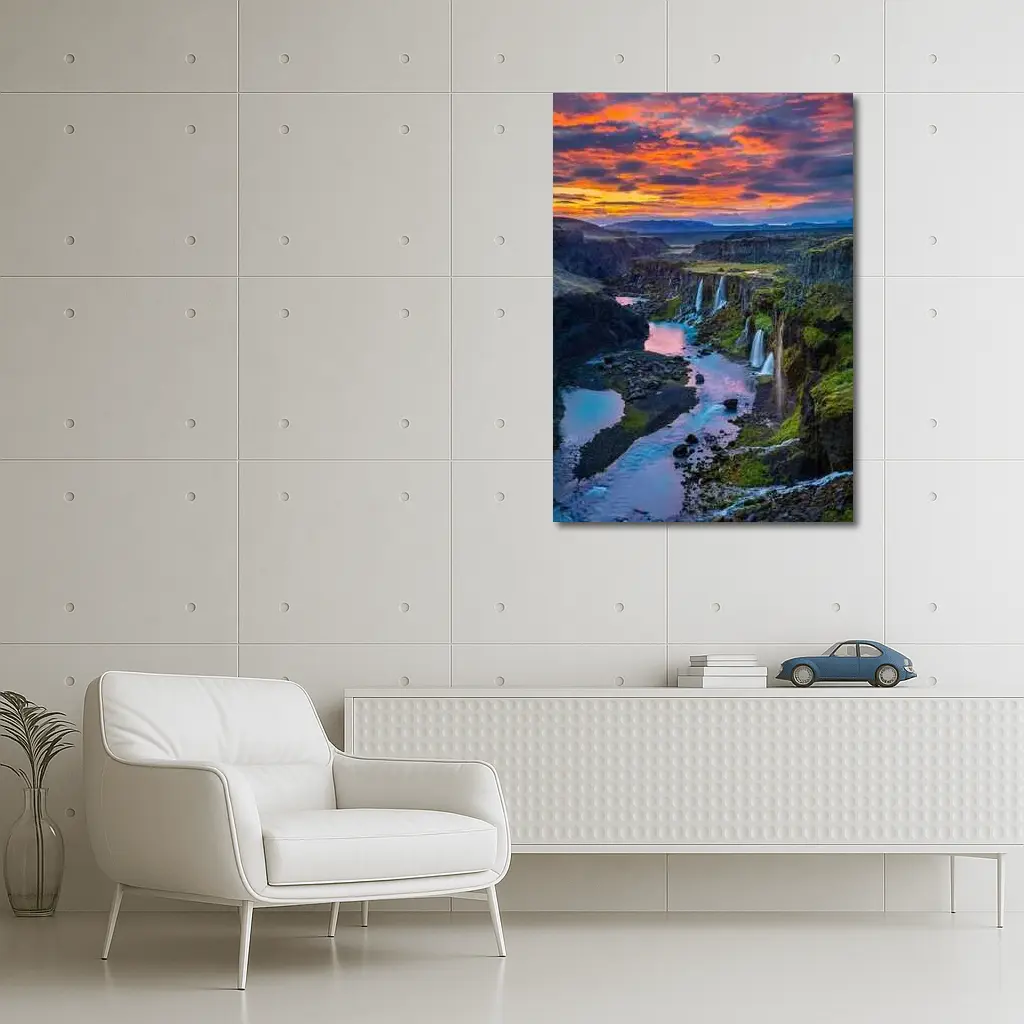 Iceland Canyon Waterfalls Fiery Sunset Sky – Wall Art