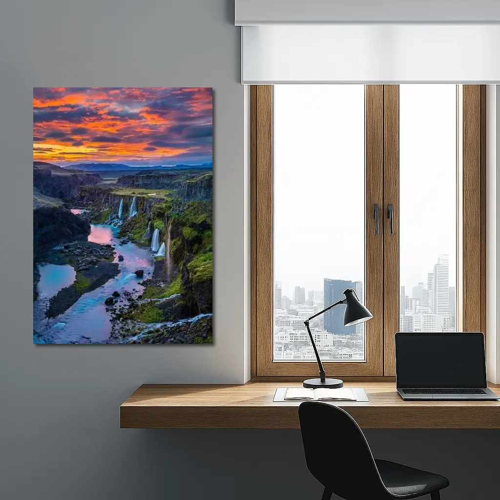 Iceland Canyon Waterfalls Fiery Sunset Sky – Wall Art