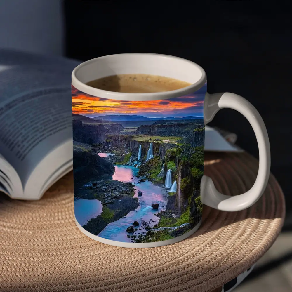 Iceland Canyon Waterfalls Fiery Sunset Sky – Mugs