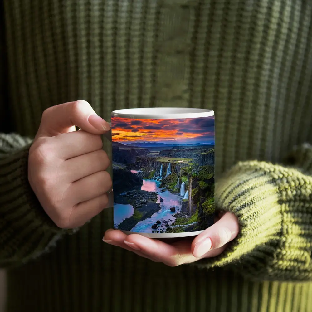 Iceland Canyon Waterfalls Fiery Sunset Sky – Mugs