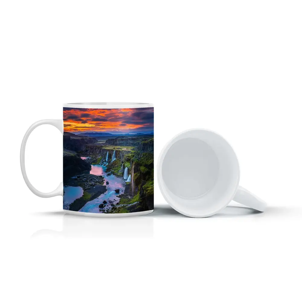 Iceland Canyon Waterfalls Fiery Sunset Sky – Mugs