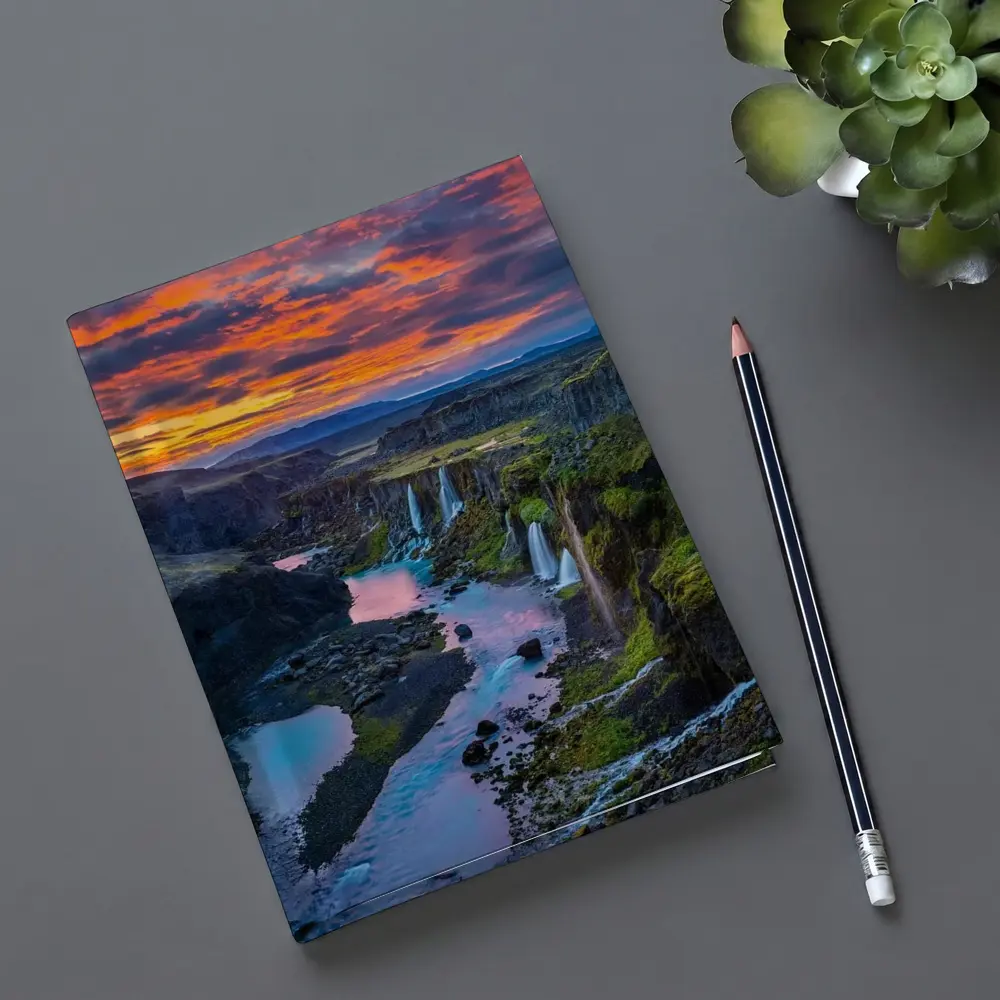 Iceland Canyon Waterfalls Fiery Sunset Sky – Notebooks