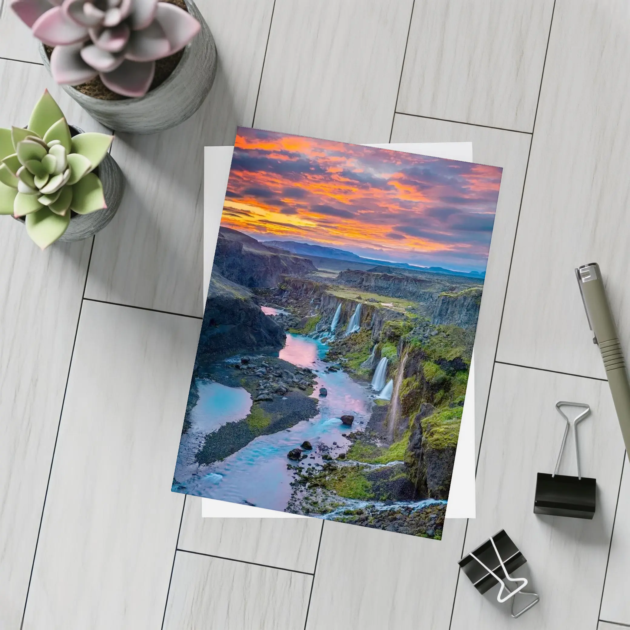 Iceland Canyon Waterfalls Fiery Sunset Sky – Postcards