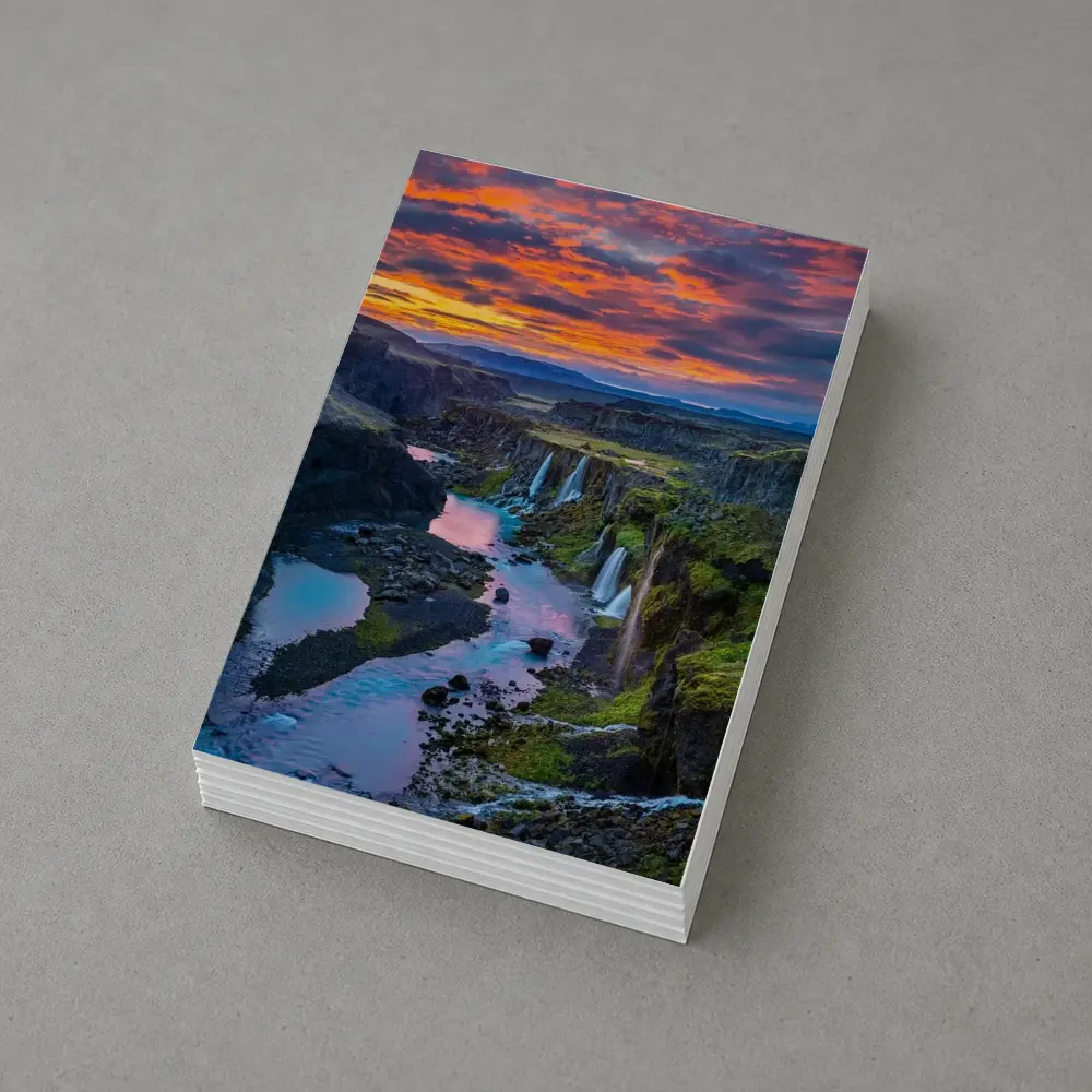 Iceland Canyon Waterfalls Fiery Sunset Sky – Postcards