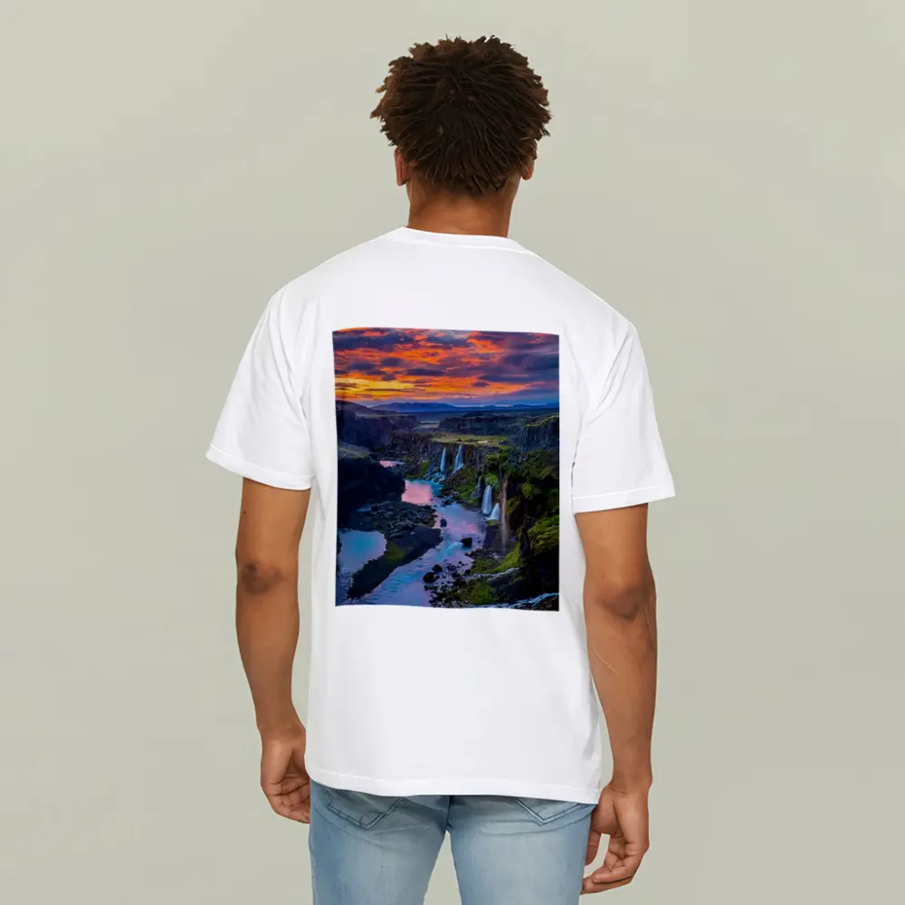 Iceland Canyon Waterfalls Fiery Sunset Sky – T-Shirts