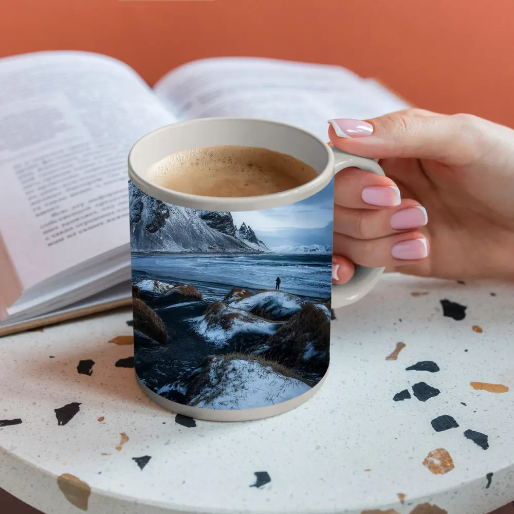 Lone Figure Stokksnes Black Sand Beach Iceland – Mugs