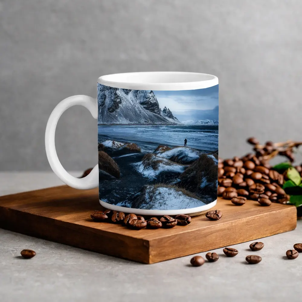 Lone Figure Stokksnes Black Sand Beach Iceland – Mugs
