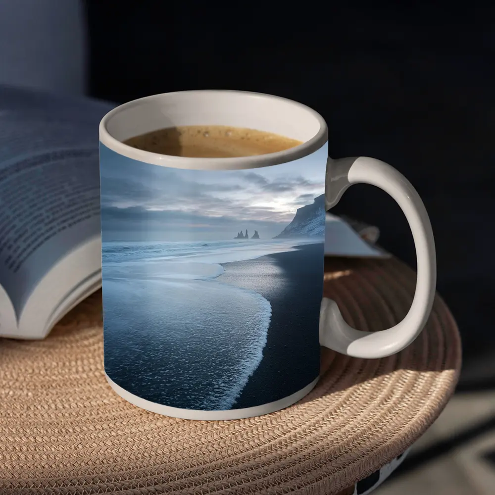 Black Sand Beach Iceland Moody Winter Seascape – Mugs