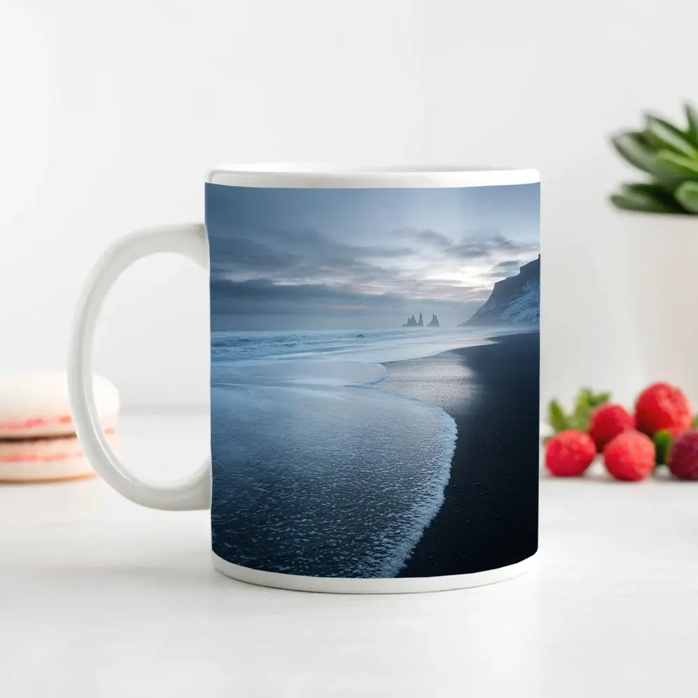 Black Sand Beach Iceland Moody Winter Seascape – Mugs
