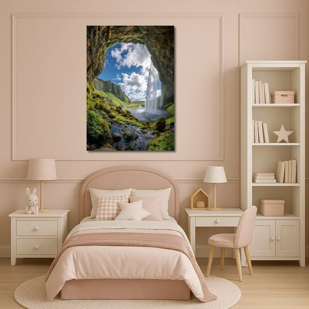 Cave View Waterfall Green Iceland Landscape – Wall Art