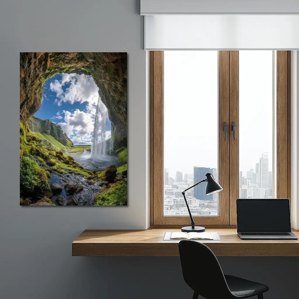 Cave View Waterfall Green Iceland Landscape – Wall Art