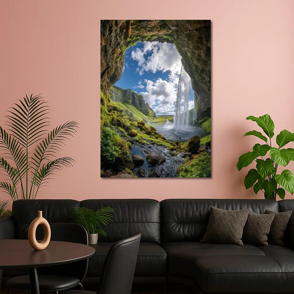 Cave View Waterfall Green Iceland Landscape – Wall Art