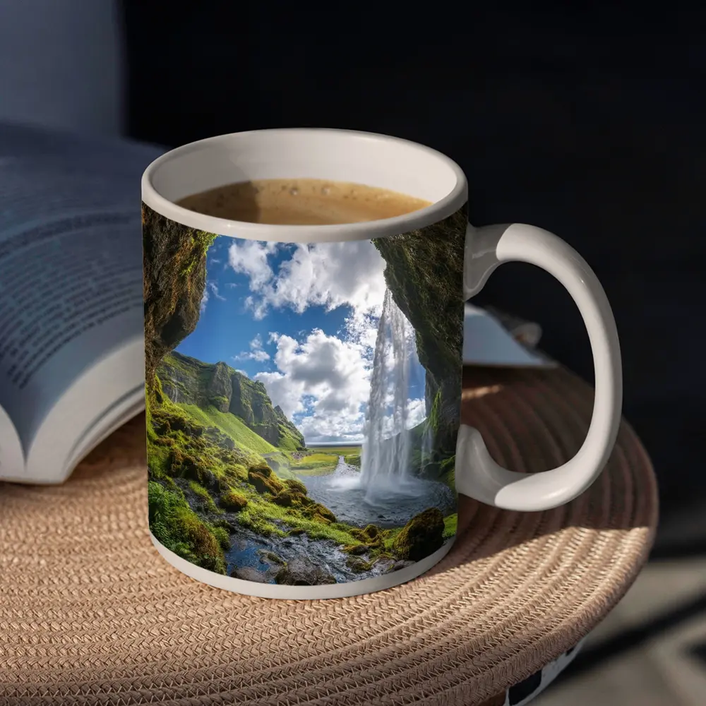 Cave View Waterfall Green Iceland Landscape – Mugs