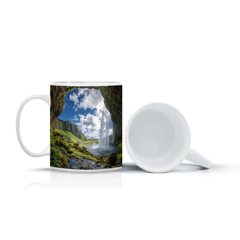 Cave View Waterfall Green Iceland Landscape – Mugs
