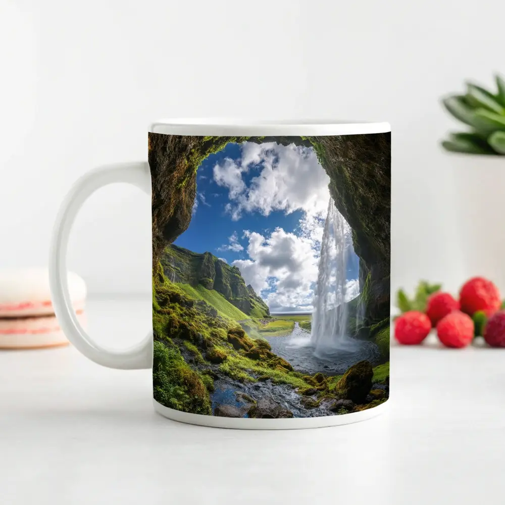 Cave View Waterfall Green Iceland Landscape – Mugs
