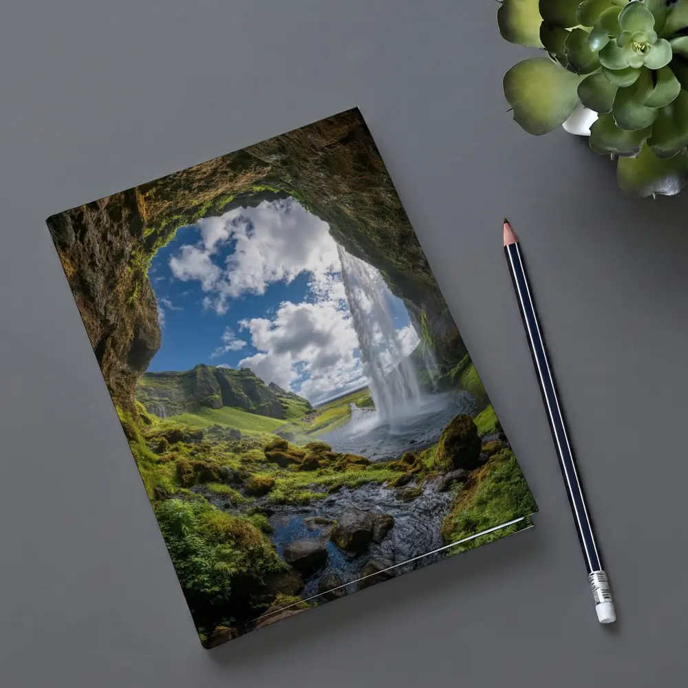 Cave View Waterfall Green Iceland Landscape – Notebooks