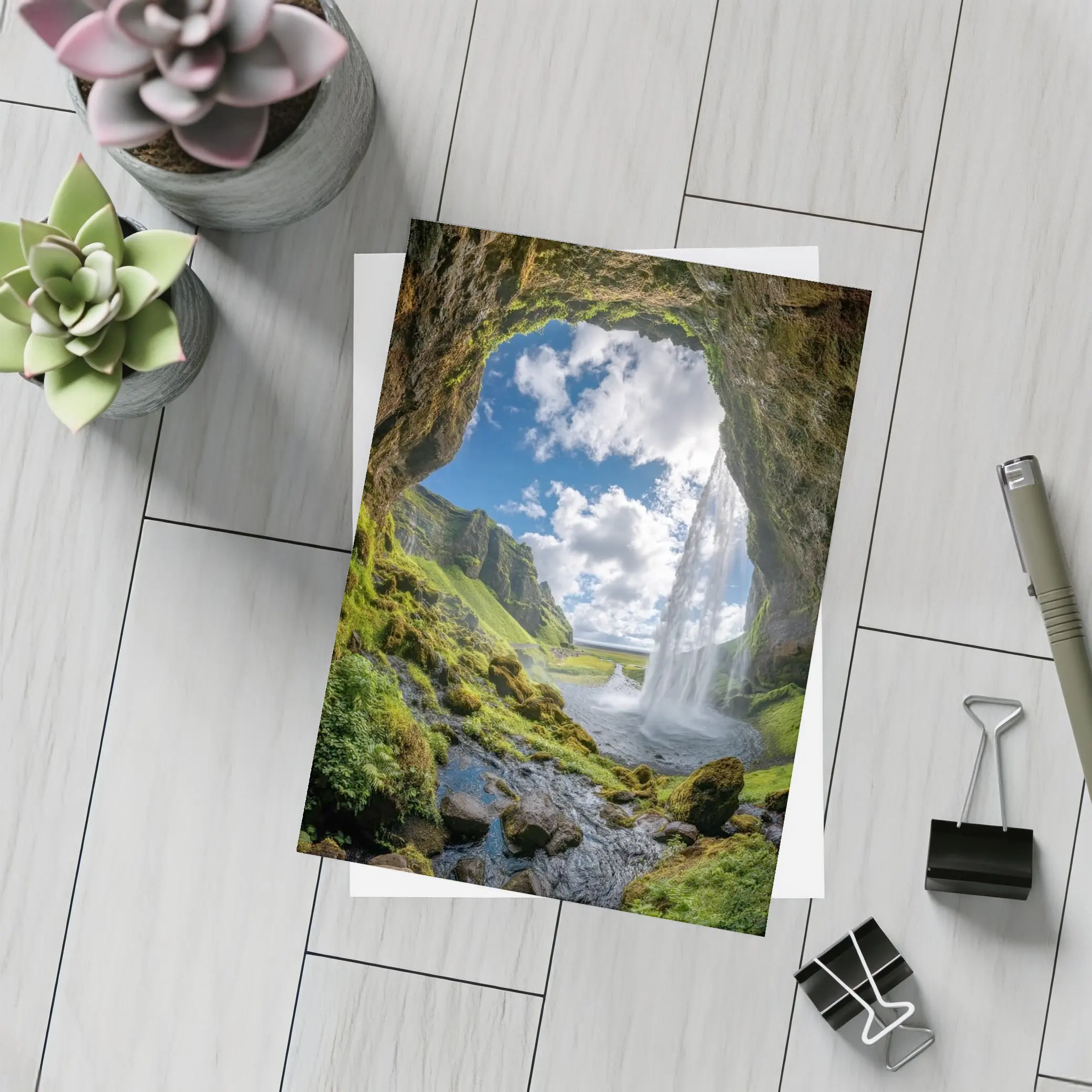 Cave View Waterfall Green Iceland Landscape – Postcards