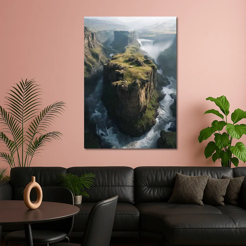 Dramatic Cliff Canyon Waterfall Misty Landscape – Wall Art
