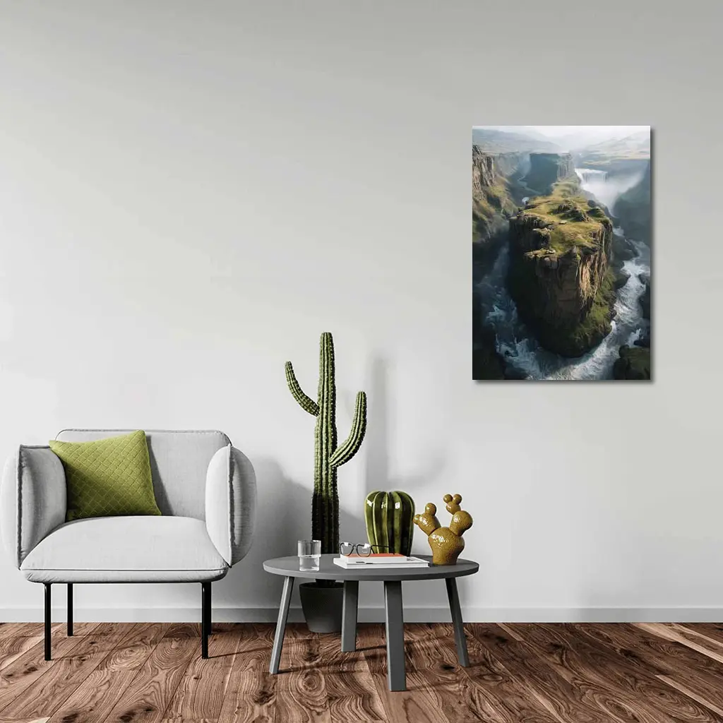Dramatic Cliff Canyon Waterfall Misty Landscape – Wall Art