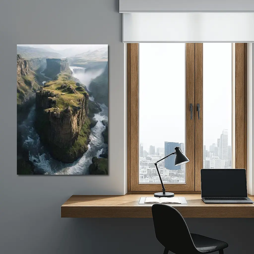 Dramatic Cliff Canyon Waterfall Misty Landscape – Wall Art