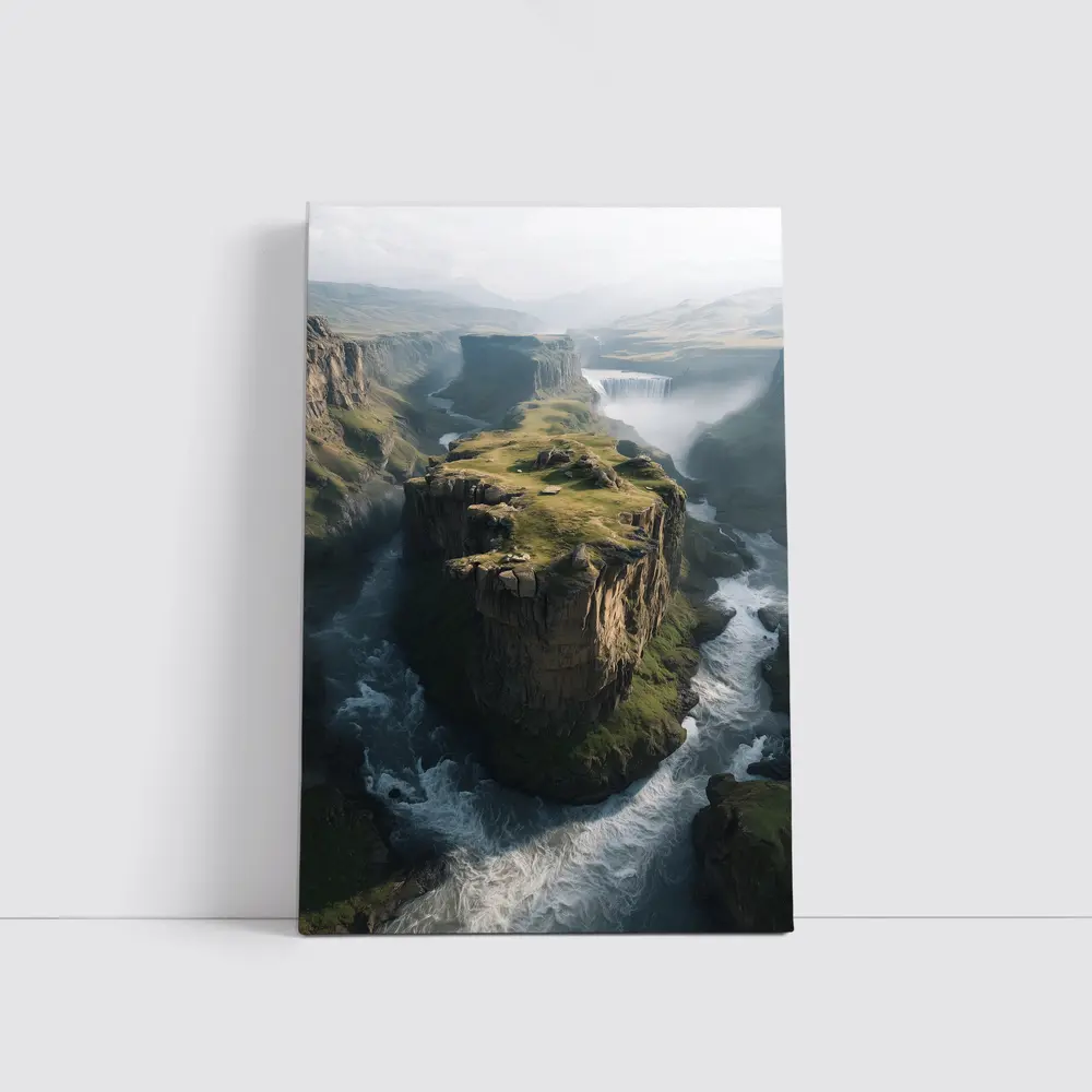 Dramatic Cliff Canyon Waterfall Misty Landscape – Wall Art