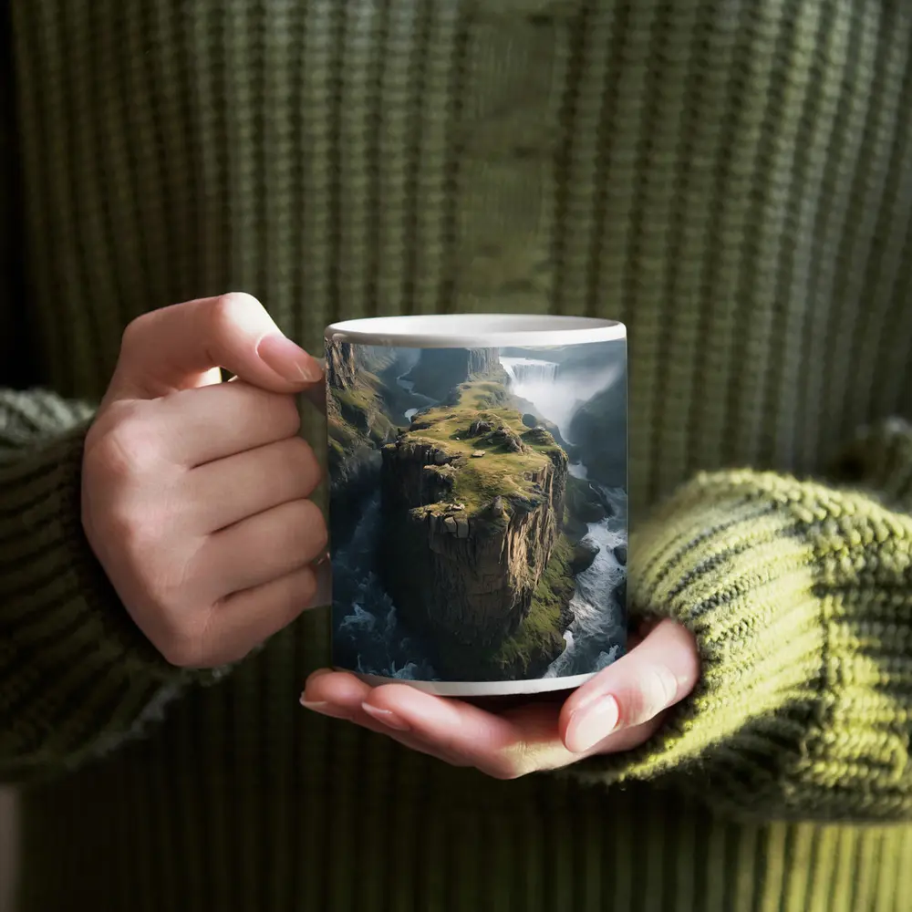Dramatic Cliff Canyon Waterfall Misty Landscape – Mugs
